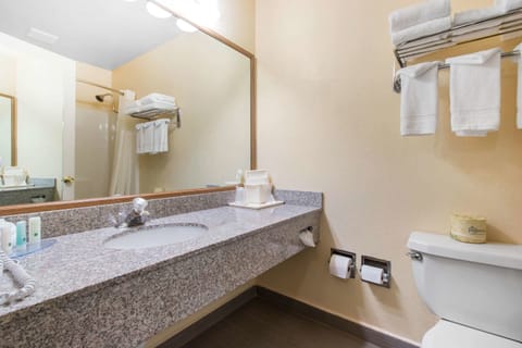 Combined shower/tub, deep soaking tub, free toiletries, hair dryer