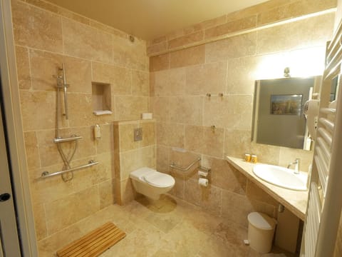 Hair dryer, towels, soap, shampoo