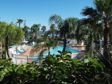 Outdoor pool, pool umbrellas, sun loungers