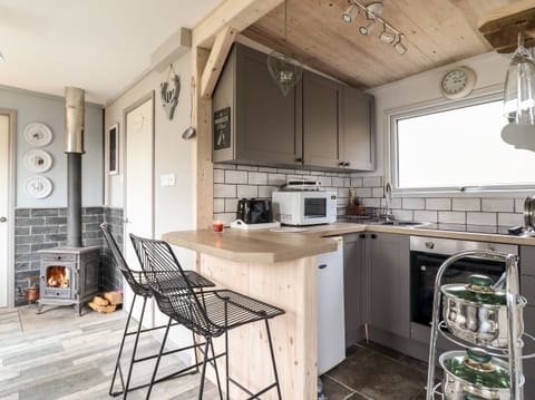 Fridge, electric kettle, toaster, cookware/dishes/utensils