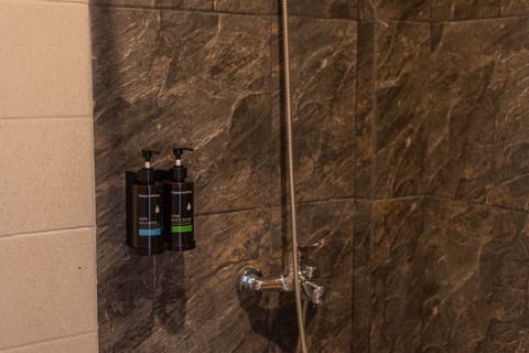 Shower, rainfall showerhead, towels