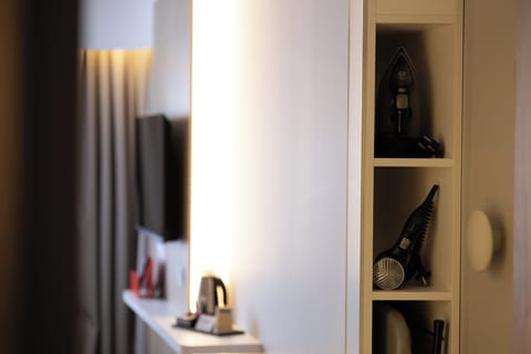 Desk, laptop workspace, blackout drapes, soundproofing