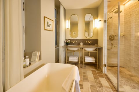 Fleury King Room | Bathroom | Designer toiletries, hair dryer, bathrobes, slippers