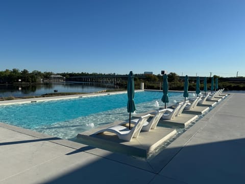 Seasonal outdoor pool, pool umbrellas