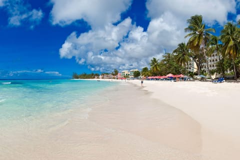 On the beach, white sand, sun loungers, beach umbrellas