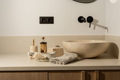 Avli, Junior Suite with Pool View | Bathroom | Shower, rainfall showerhead, designer toiletries, hair dryer