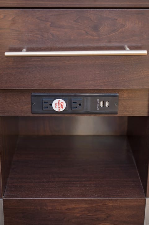 Desk, laptop workspace, blackout drapes, iron/ironing board