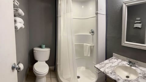 Combined shower/tub, free toiletries, hair dryer, towels