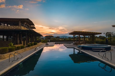 Outdoor pool, pool umbrellas, sun loungers