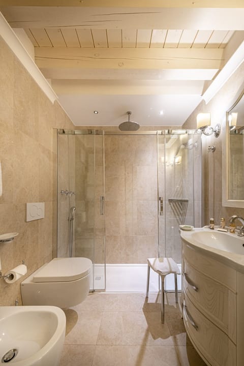 Shower, rainfall showerhead, hair dryer, slippers