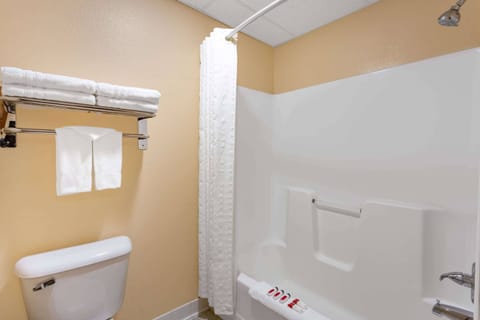 Combined shower/tub, free toiletries, hair dryer, towels