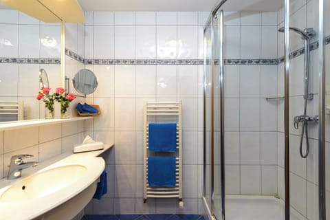 Shower, rainfall showerhead, hair dryer, bathrobes