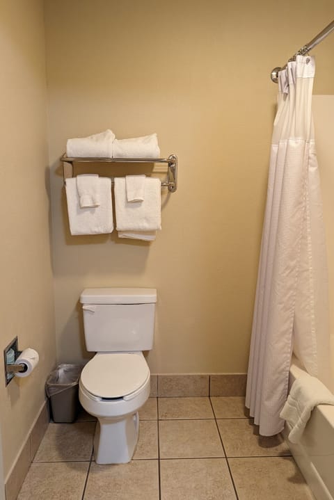 Combined shower/tub, deep soaking tub, free toiletries, hair dryer