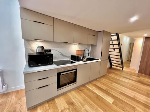 Deluxe Apartment | Private kitchen | Fridge, microwave, stovetop, espresso maker