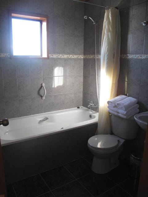 Combined shower/tub, hair dryer, towels