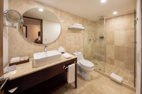 Deluxe King Bed | Bathroom | Shower, rainfall showerhead, free toiletries, hair dryer