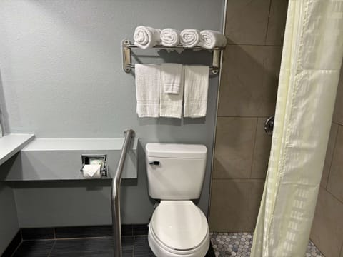 Combined shower/tub, free toiletries, hair dryer, towels