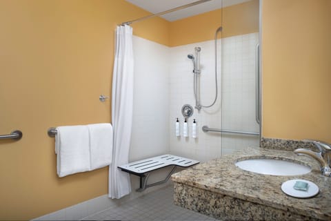 Combined shower/tub, free toiletries, hair dryer, towels