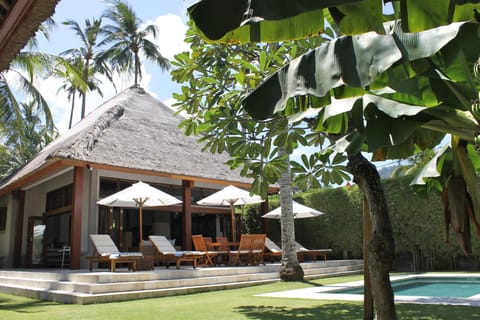 Outdoor pool, pool umbrellas, sun loungers