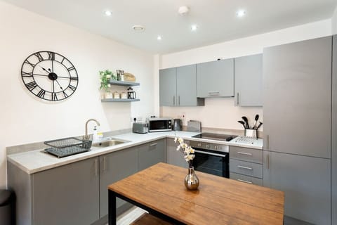 Deluxe Apartment | Private kitchen | Full-size fridge, microwave, oven, stovetop