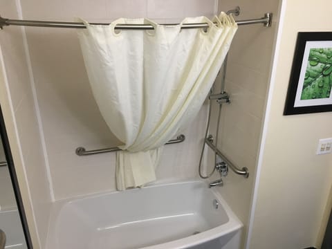 Combined shower/tub, free toiletries, hair dryer, towels