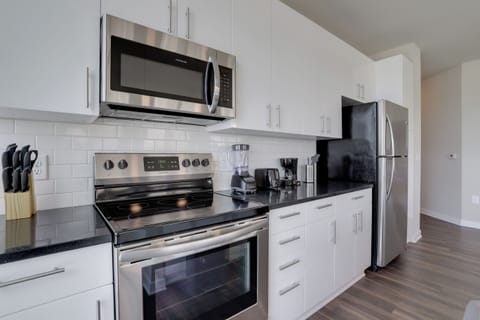 Deluxe Apartment, Balcony | Private kitchen | Fridge, microwave, oven, dishwasher