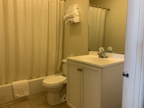 Combined shower/tub, free toiletries, hair dryer, towels