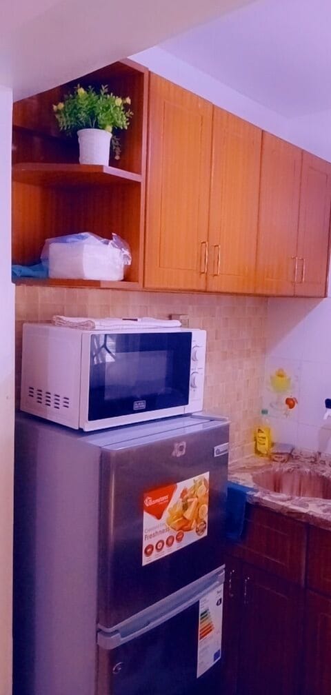 Deluxe Studio | Private kitchen | Fridge, microwave, cookware/dishes/utensils