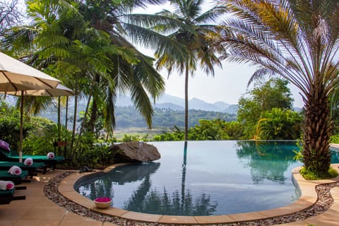 Outdoor pool, pool umbrellas, sun loungers