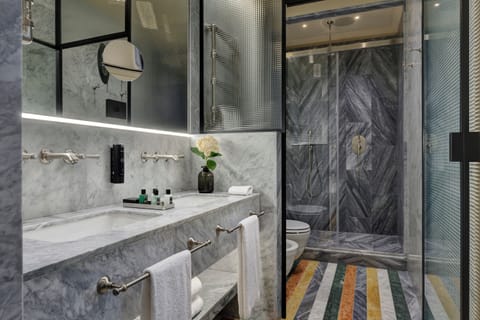 Suite | Bathroom | Shower, rainfall showerhead, hair dryer, bathrobes