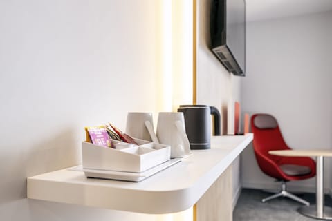 Select Comfort beds, laptop workspace, blackout drapes, soundproofing