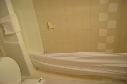 Combined shower/tub, deep soaking tub, free toiletries, towels