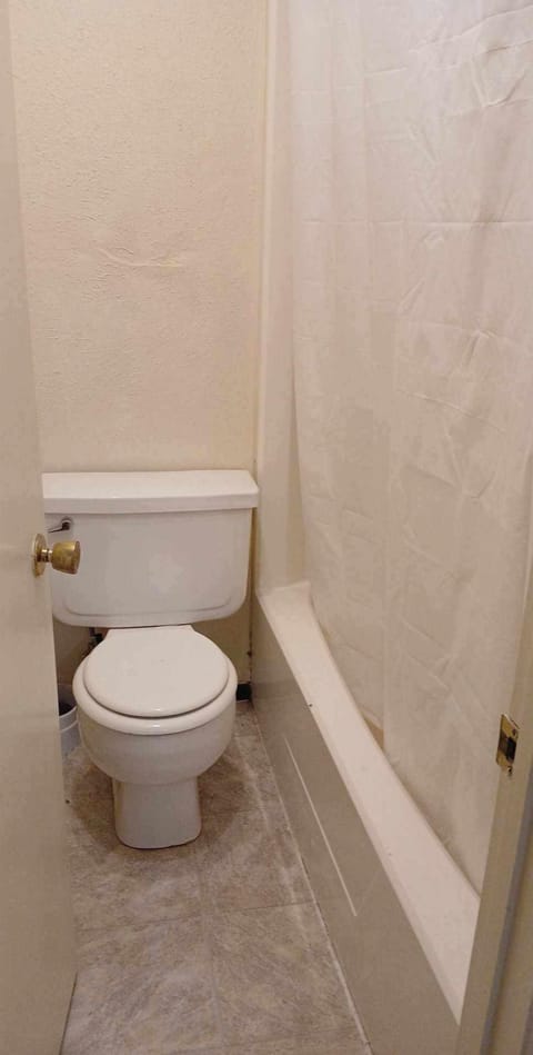 Combined shower/tub, towels, toilet paper