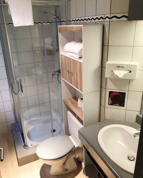 Combined shower/tub, free toiletries, hair dryer, towels