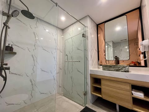 Shower, hydromassage showerhead, free toiletries, hair dryer