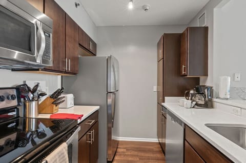 Deluxe Apartment, Kitchen | Private kitchen | Full-size fridge, microwave, oven, stovetop