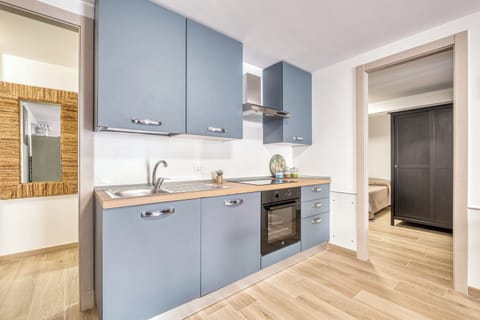 Family Apartment, 1 Bedroom, Sea Facing (Merlo D - town center & private) | Private kitchen | Fridge, oven, stovetop, cookware/dishes/utensils