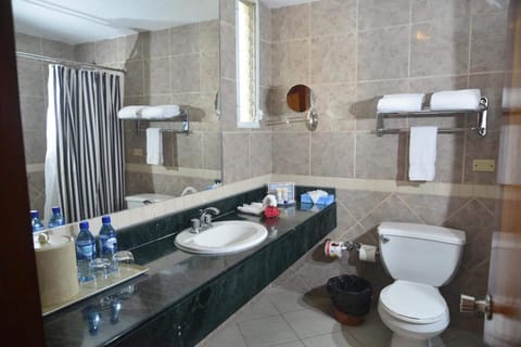 Combined shower/tub, deep soaking tub, free toiletries, hair dryer