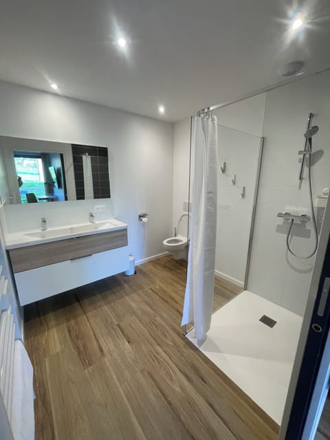 Suite Double 1 | Bathroom | Shower, hair dryer, towels, toilet paper