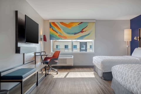 Desk, laptop workspace, blackout drapes, soundproofing