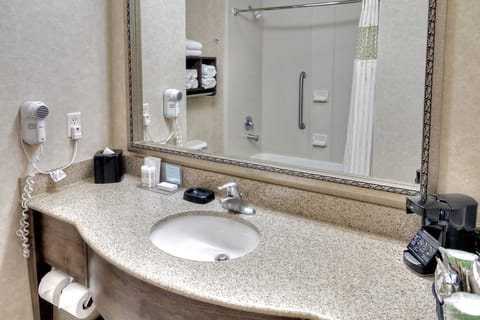 Combined shower/tub, free toiletries, hair dryer, towels