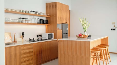 Villa, Pool View | Private kitchen | Fridge, microwave, stovetop, cookware/dishes/utensils