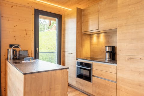 Superior Ferienwohnung mit Sauna & Außenbadewanne | Private kitchen | Full-size fridge, microwave, oven, stovetop