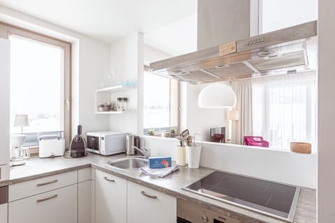 Ferienwohnung mit 1 Schlafzimmer und Saunabereich | Private kitchen | Full-size fridge, oven, stovetop, dishwasher