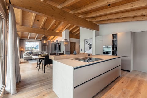 Penthouse mit 3 Schlafzimmer und Kamin | Private kitchen | Full-size fridge, oven, stovetop, dishwasher