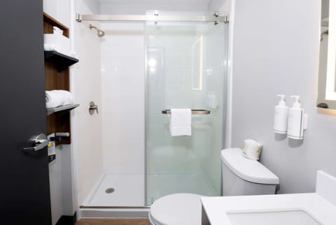 Combined shower/tub, free toiletries, hair dryer, towels