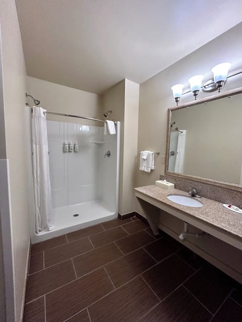 Combined shower/tub, free toiletries, hair dryer, towels