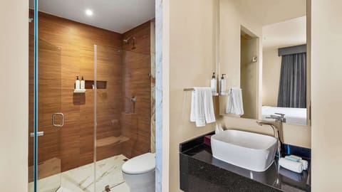 Separate tub and shower, hair dryer, towels, soap