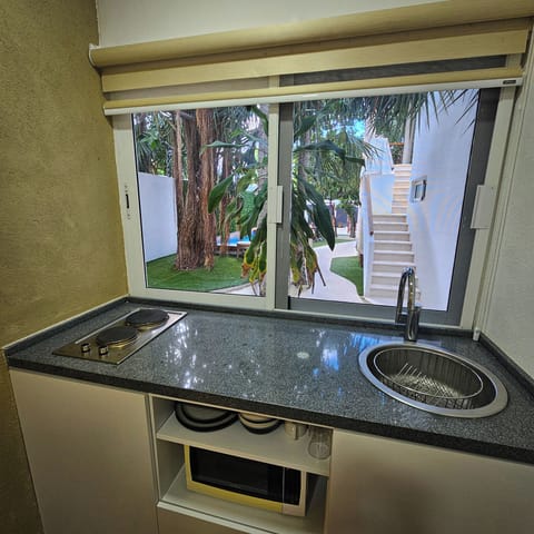 Apartment, Pool View | Private kitchen | Mini-fridge, microwave, stovetop, cookware/dishes/utensils