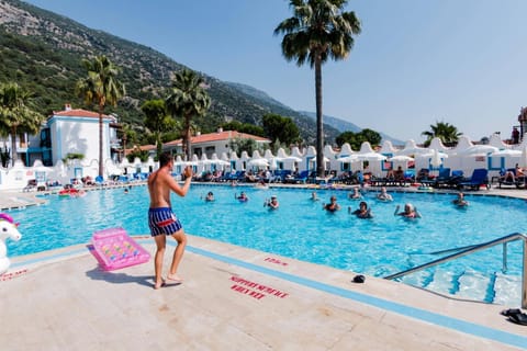 Outdoor pool, pool umbrellas, sun loungers